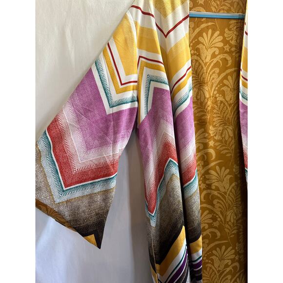Reversible Boho Kimono Cardigan Mustard Chevron Print Flowy Sleeve Open Front - Picture 2 of 9